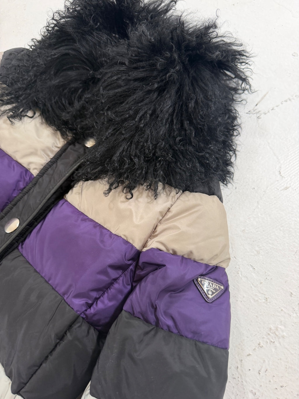 Prada AW14 Mongolian Sheep Collar Colorblock Puffer {{ color }} {{ brand }} {{ archive }} {{ season }} {{ year }} {{ hedi slimane }}