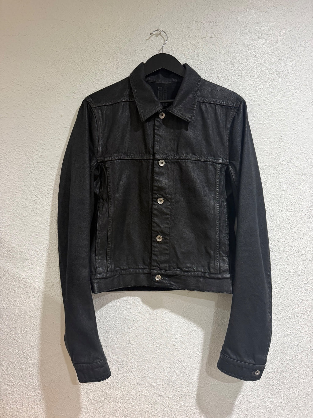 Rick Owens Black Coated Denim Jacket {{ color }} {{ brand }} {{ archive }} {{ season }} {{ year }} {{ hedi slimane }}