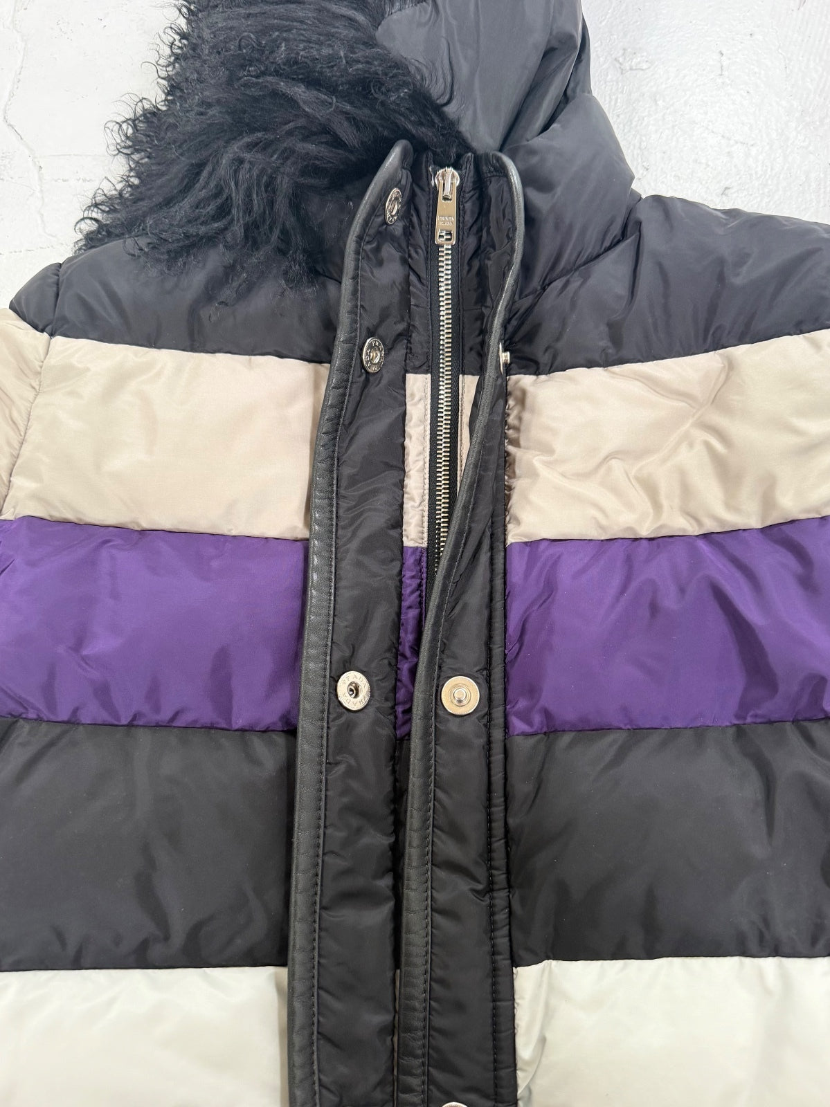 Prada AW14 Mongolian Sheep Collar Colorblock Puffer {{ color }} {{ brand }} {{ archive }} {{ season }} {{ year }} {{ hedi slimane }}