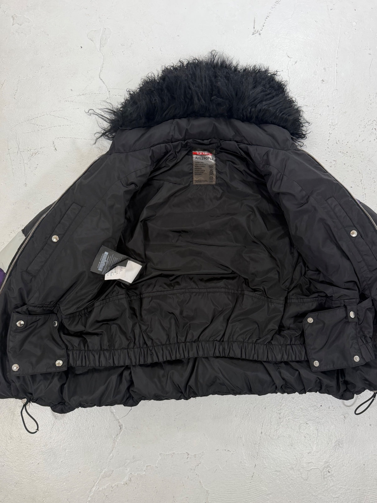 Prada AW14 Mongolian Sheep Collar Colorblock Puffer {{ color }} {{ brand }} {{ archive }} {{ season }} {{ year }} {{ hedi slimane }}