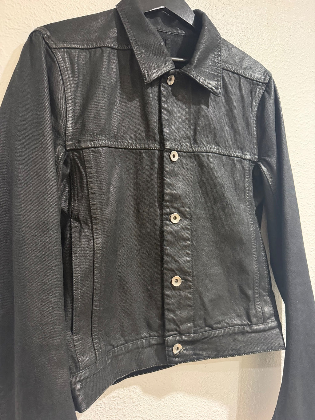 Rick Owens Black Coated Denim Jacket {{ color }} {{ brand }} {{ archive }} {{ season }} {{ year }} {{ hedi slimane }}