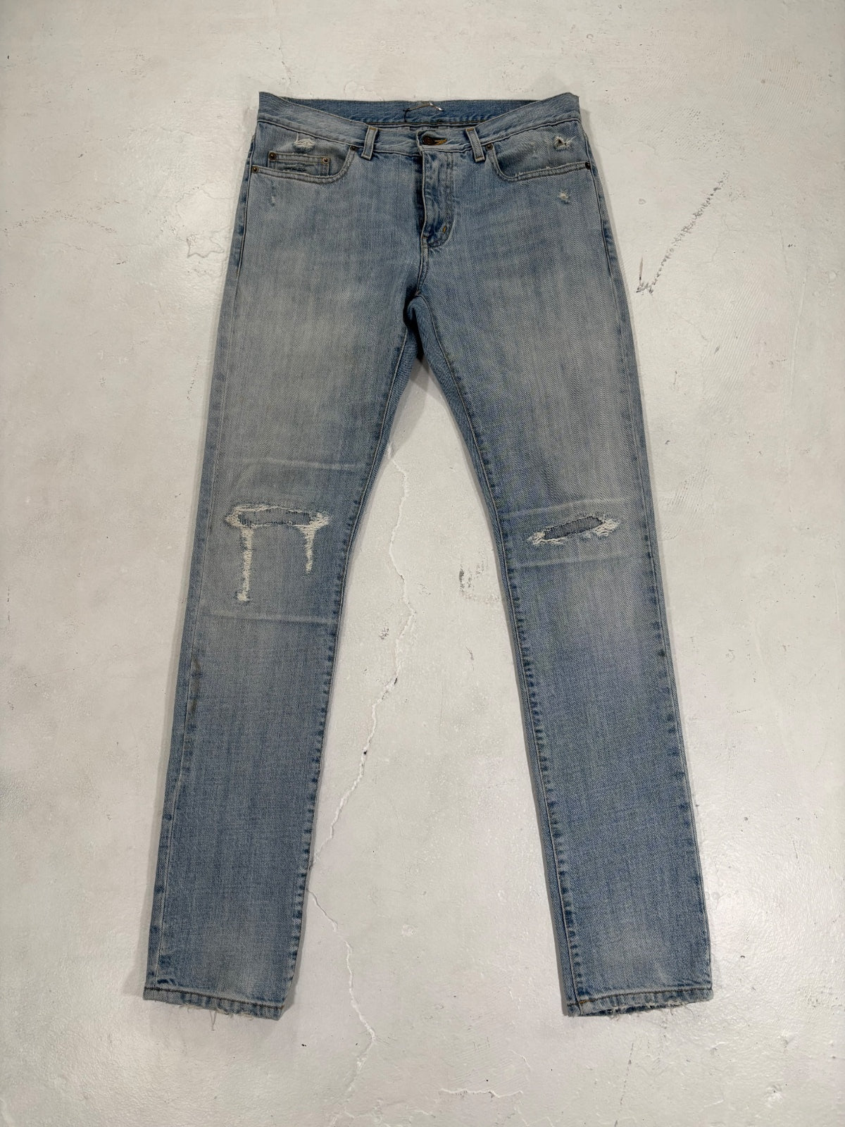 Saint Laurent Paris Light Blue Repaired Denim {{ color }} {{ brand }} {{ archive }} {{ season }} {{ year }} {{ hedi slimane }}