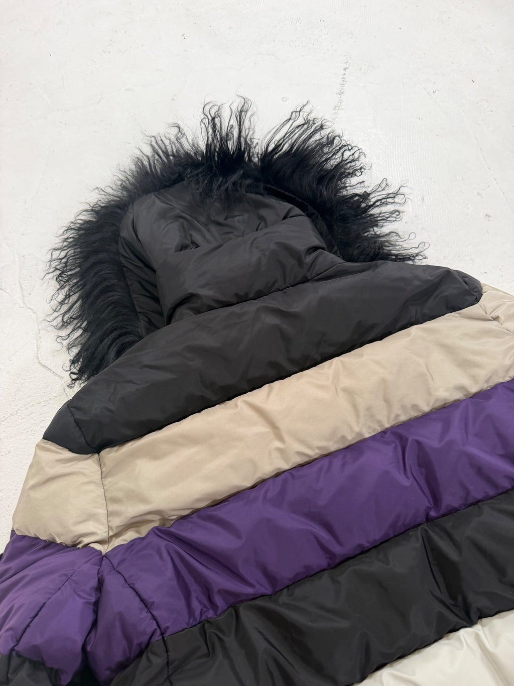Prada AW14 Mongolian Sheep Collar Colorblock Puffer {{ color }} {{ brand }} {{ archive }} {{ season }} {{ year }} {{ hedi slimane }}